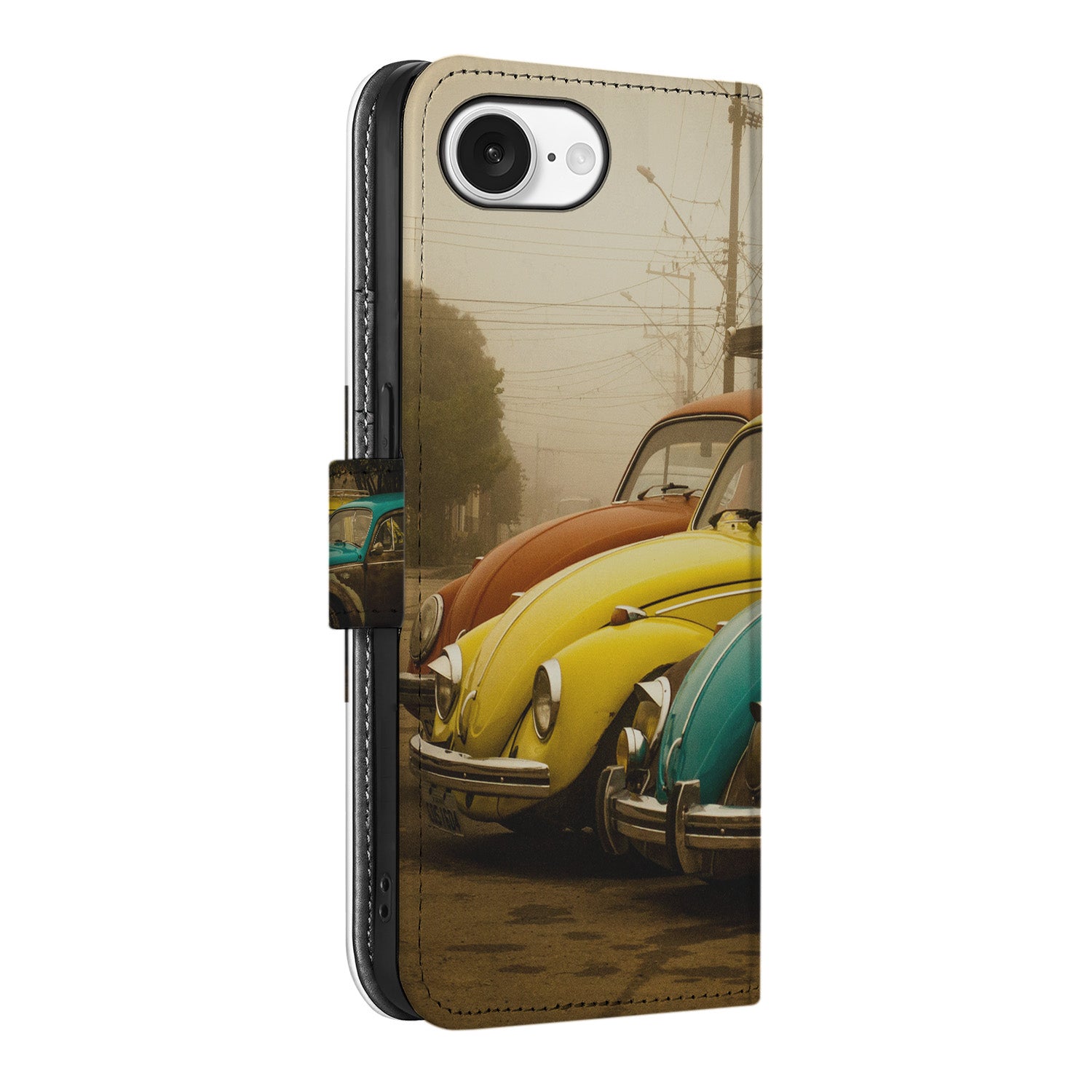 Book Case Hoesje Ontwerpen – Apple iPhone 16e met kleurrijke klassieke auto's op de voorkant.