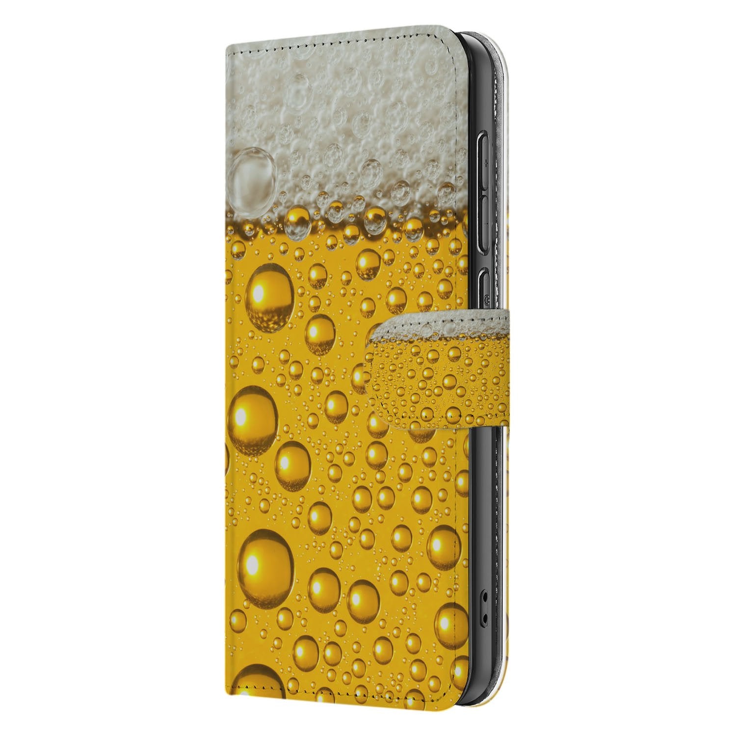 Premium Bierprint Bookcase Hoesje voor OnePlus Nord CE 5 met Geel Schuim Design bierprint geel schuim aanzicht