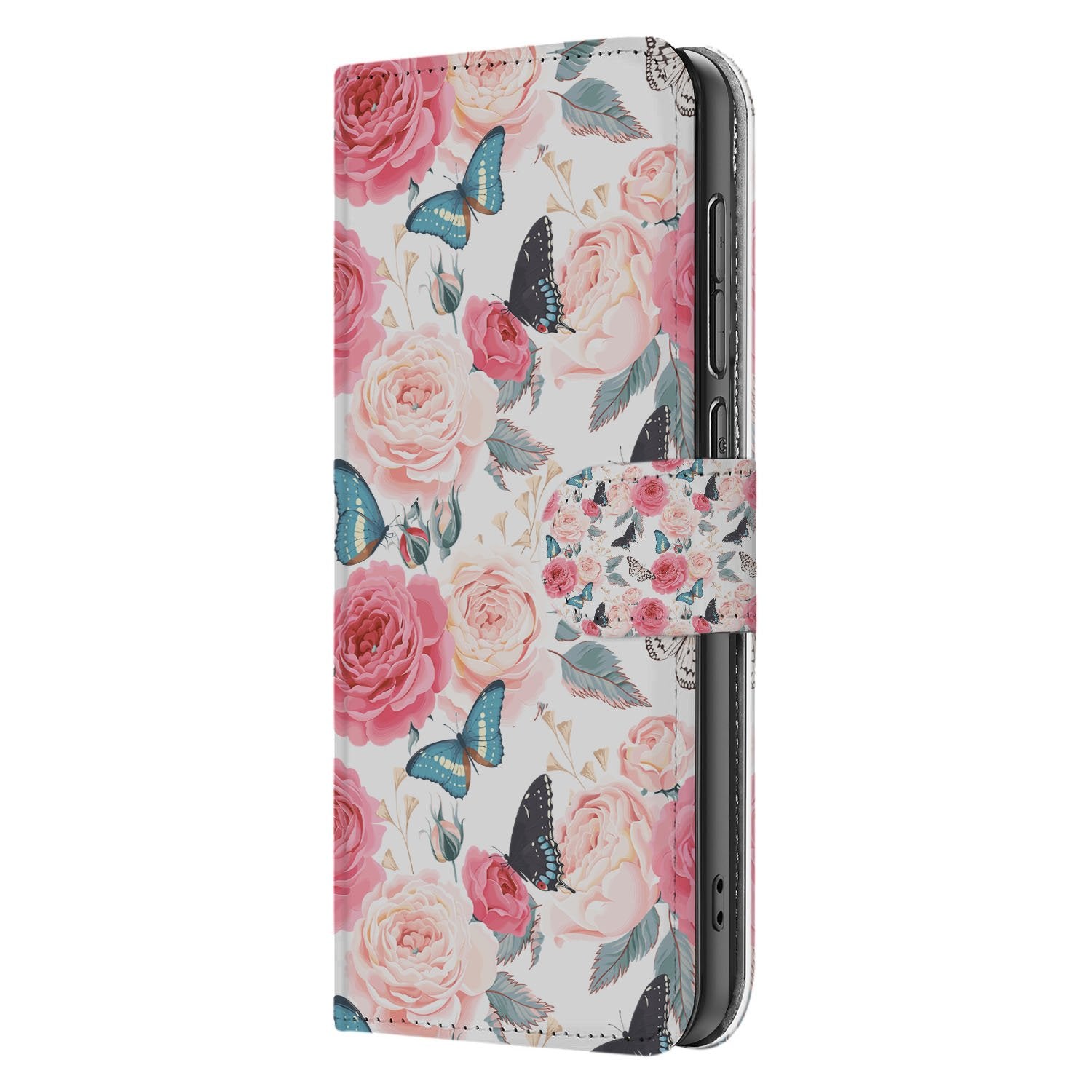 OnePlus Nord CE 5 Book Case Hoesje met Roze Butterfly Roses Design bloemen rozen vlinders zijaanzicht