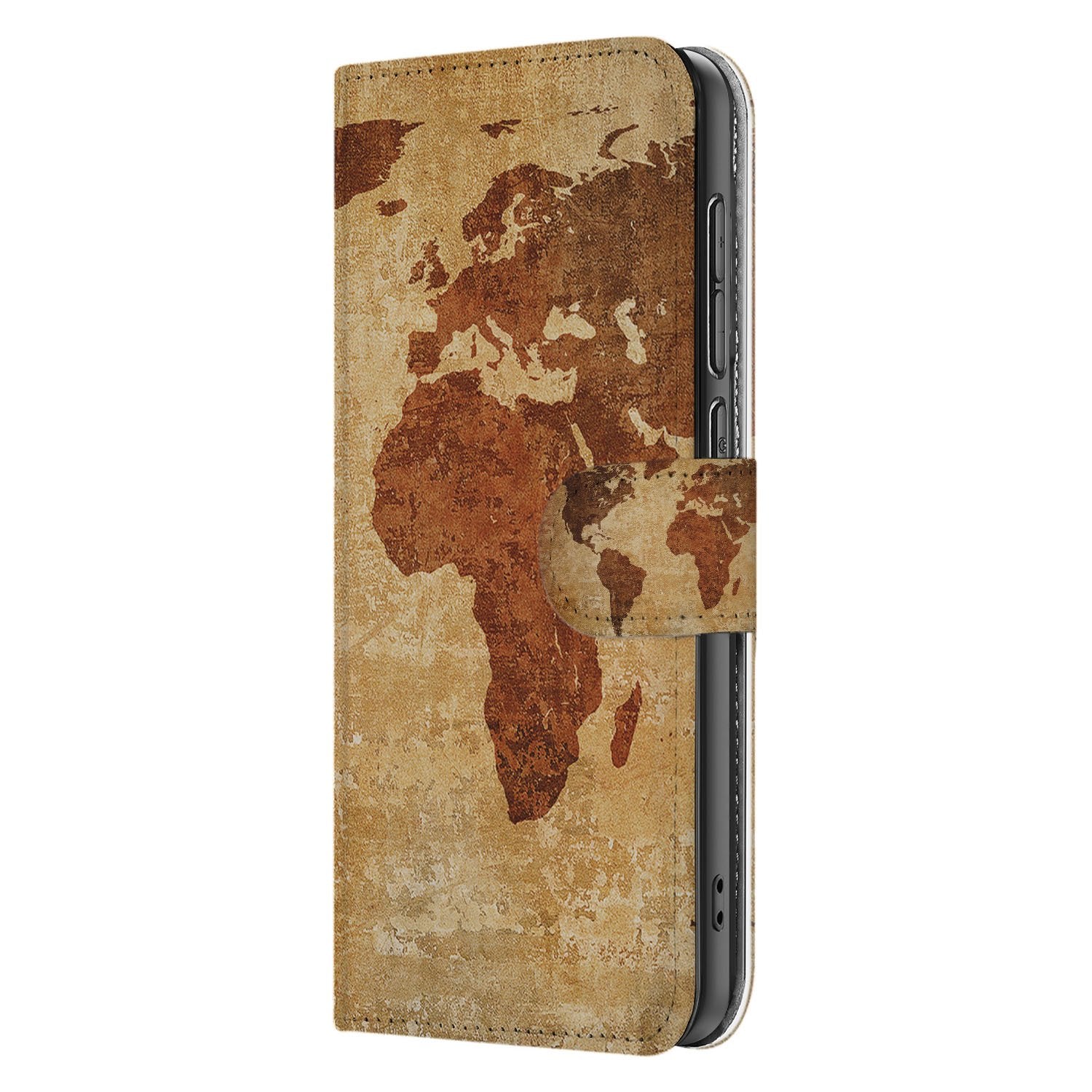 Bookcase OnePlus Nord CE 5 Wereldkaart Met Pasjes boekcase wereldkaart bruin zijaanzicht