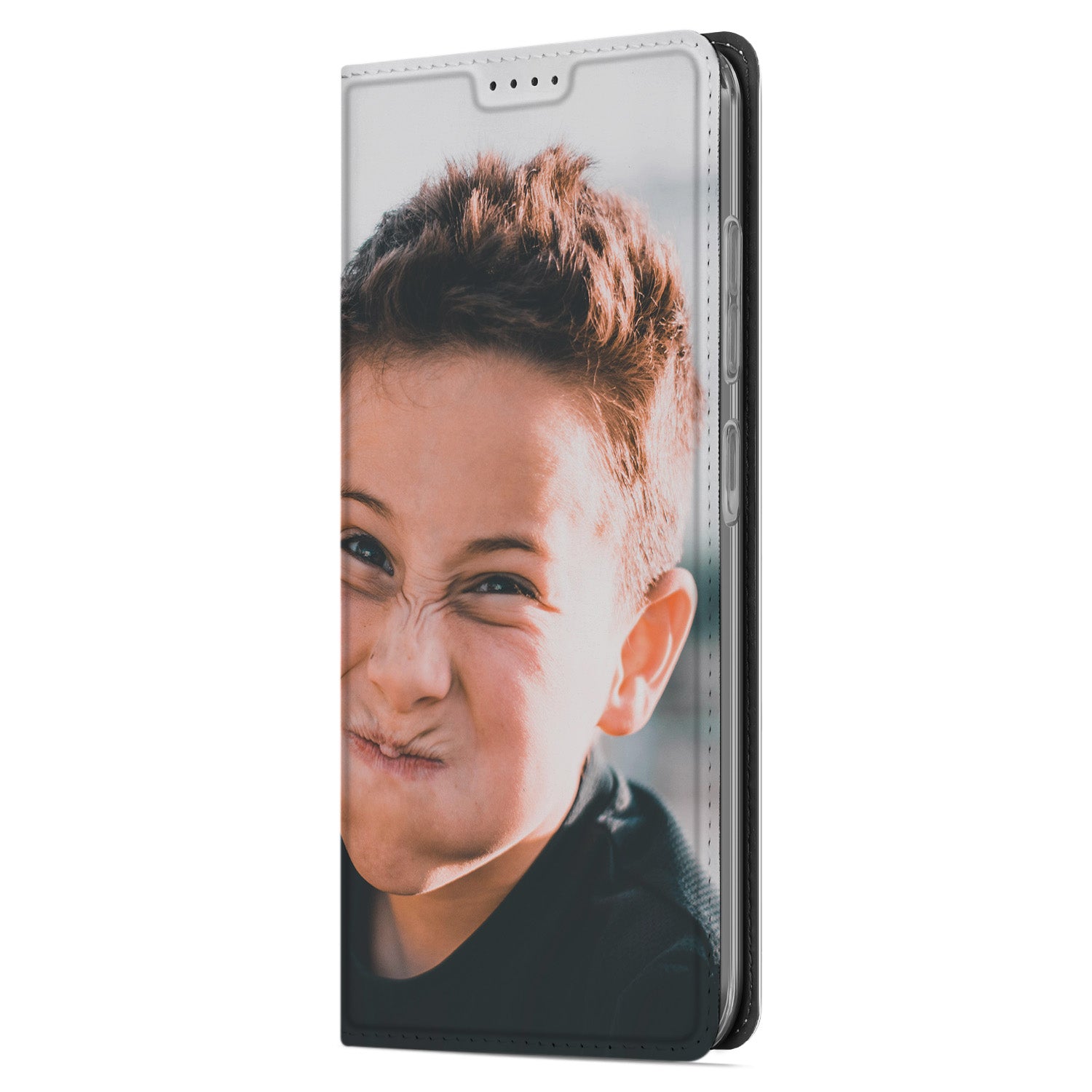 Gepersonaliseerd Stand Case Hoesje voor Samsung Galaxy A26 met unieke foto van een kind met een grappig gezicht.