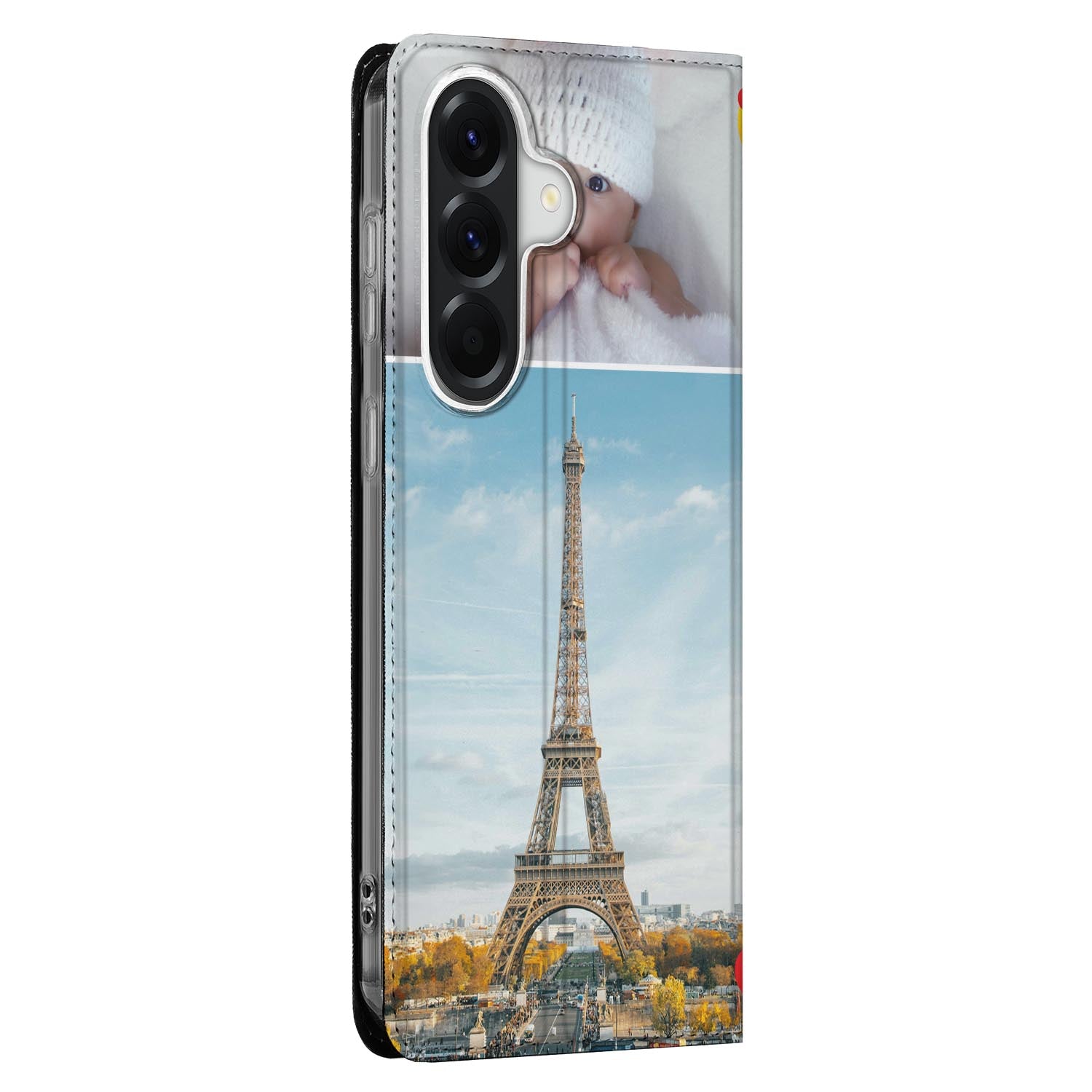 Samsung Galaxy A57 Stand Case Hoesje Maken met Foto | Slim & Persoonlijk Eiffel Toren en babyfoto vooraanzicht.