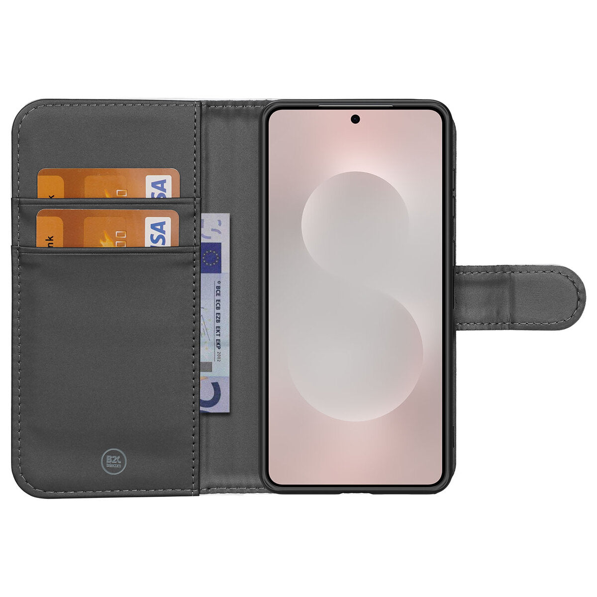 Samsung Galaxy S25 Edge Bookcase Marmer Zwart met pasjessleuven en een heldere display.