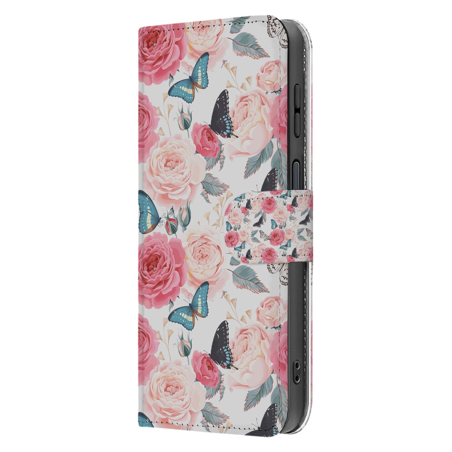 Portemonnee Hoesje Samsung Galaxy Xcover 7 Pro Roze Butterfly Roses zij-aanzicht bloemen vlinders