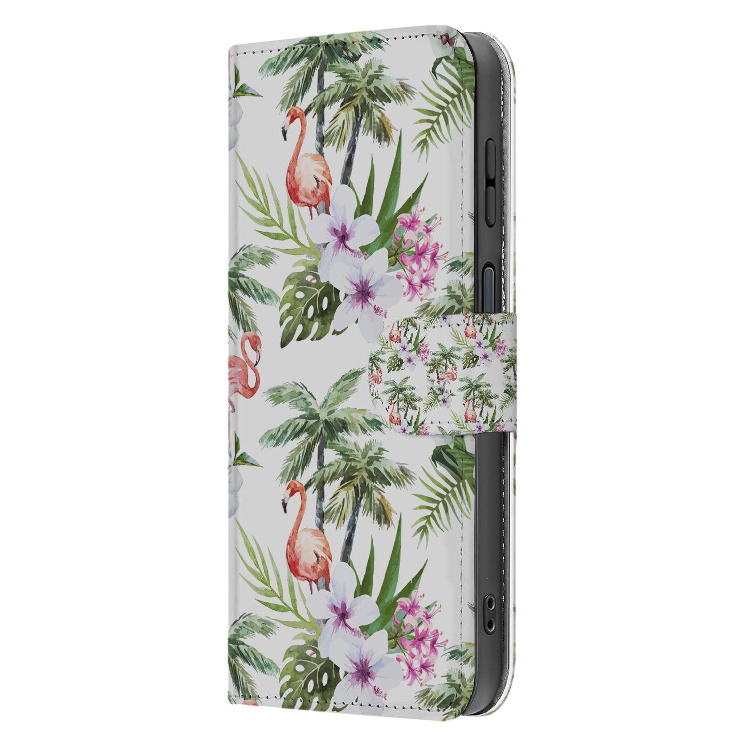 Flamingo Palms Samsung Galaxy Xcover 7 Pro Book Case design flamingo palmen bloem motief zijaanzicht