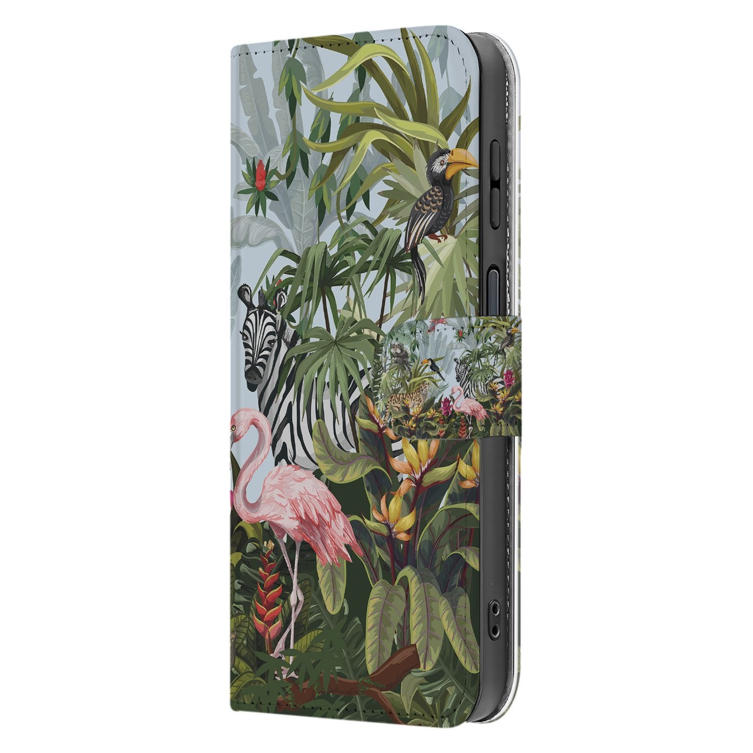 Samsung Galaxy Xcover 7 Pro Stijlvol Jungle Design Book Case Pasjes Hoesje zijkant met flamingo zebra luipaard print