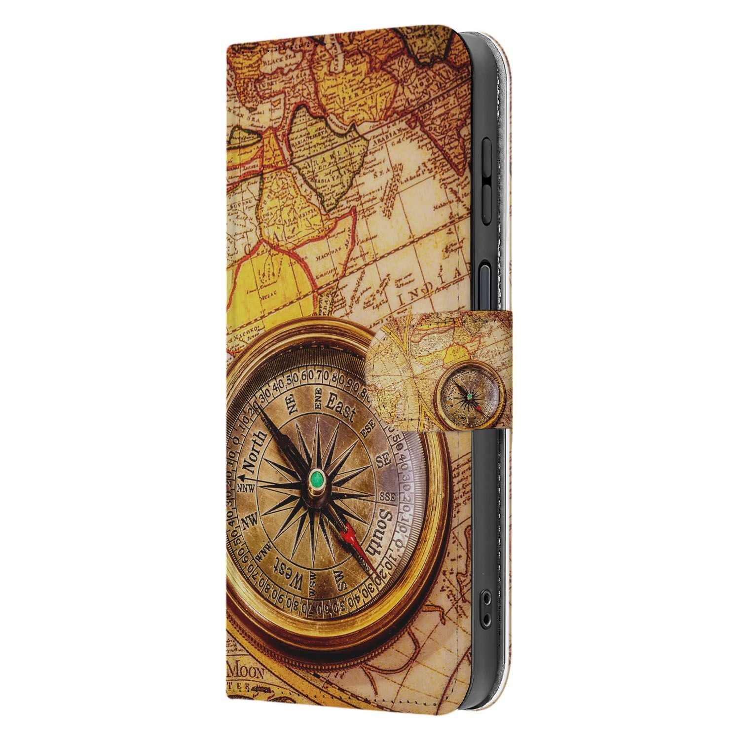 Kompas Geel Oranje Samsung Galaxy Xcover 7 Pro Bookcase Hoesje met Magnetische Sluiting en Avontuurlijk Design aanzicht