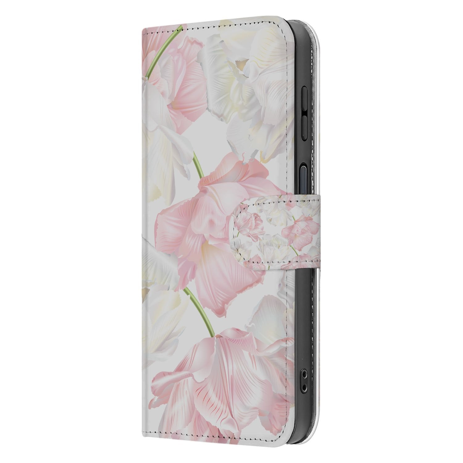 Samsung Galaxy Xcover 7 Pro Lovely Flowers Roze Wit Bookcase Hoesje zijkant met bloemenpatroon