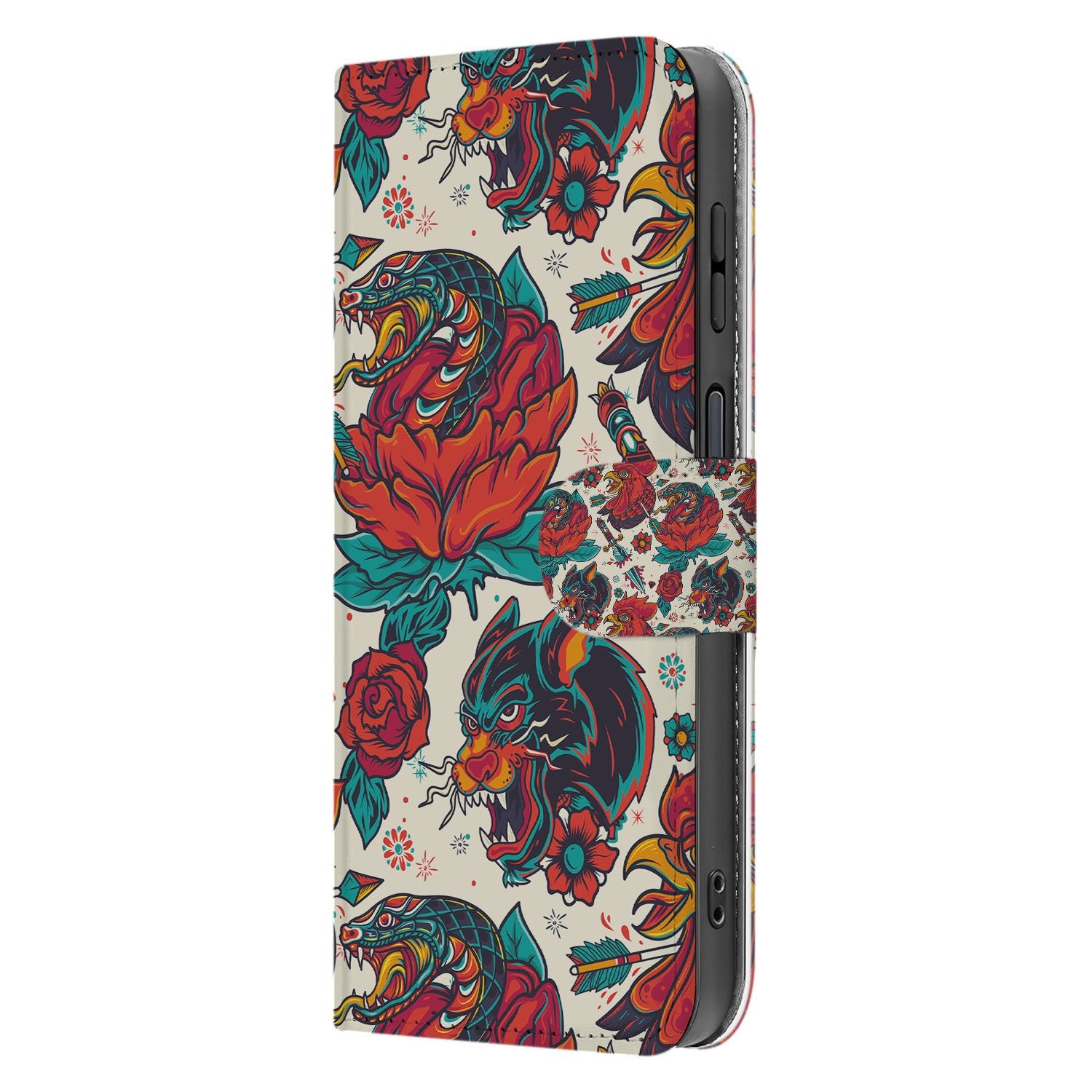 Old Skool Samsung Galaxy Xcover 7 Pro Bookcase Hoesje vintage tattoo design zijkant
