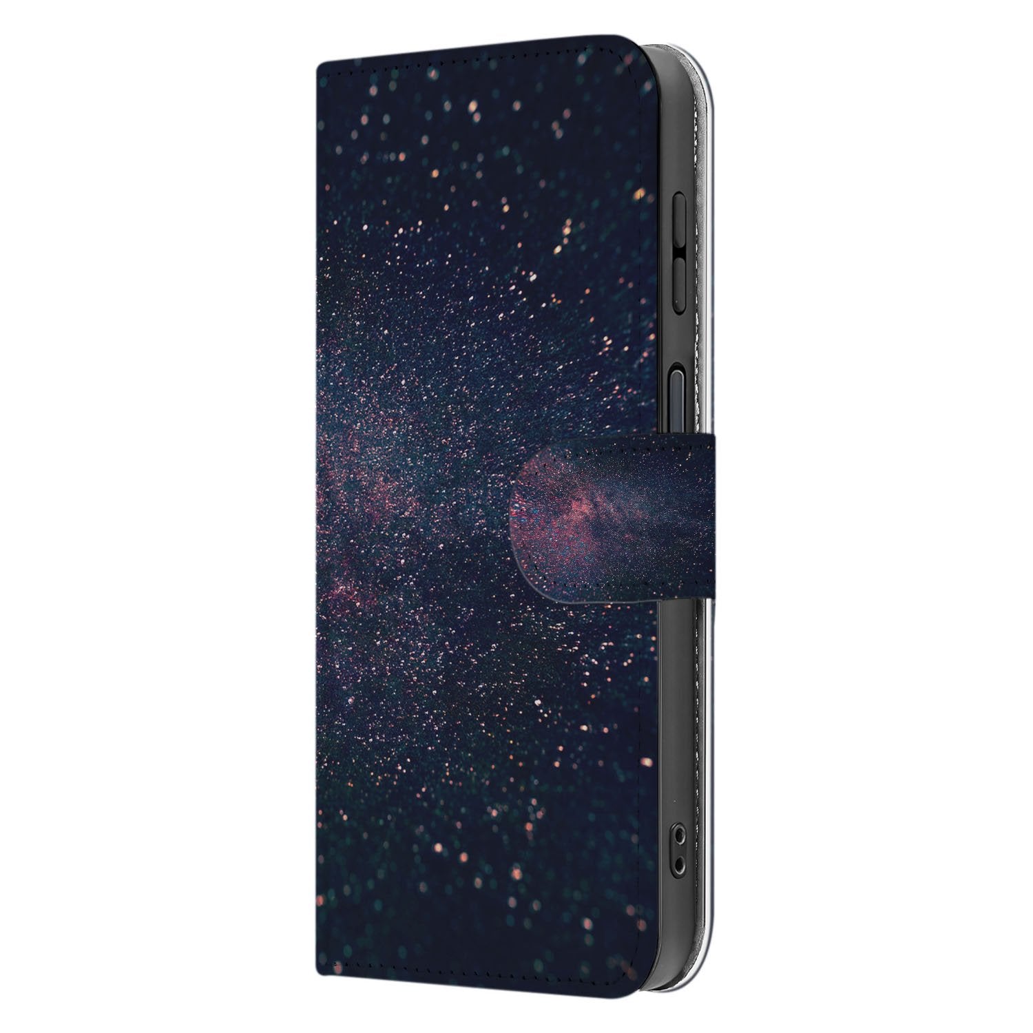 Samsung Galaxy Xcover 7 Pro Sterrenregen In Paars Blauw Glitter Bookcase Hoesje zijkant