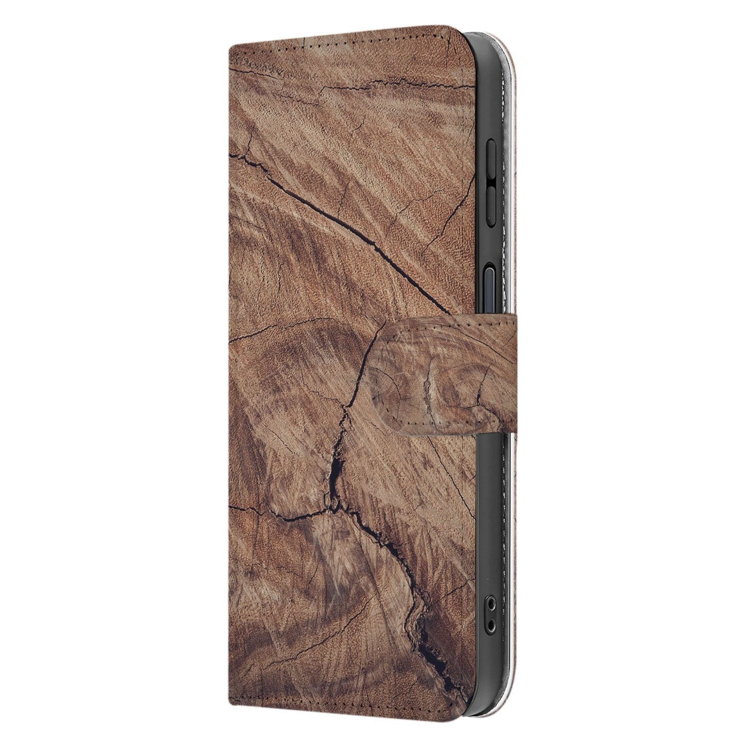 Samsung Galaxy Xcover 7 Pro Bookcase Hoesje Boomstam Bruin zijaanzicht houtnerf design