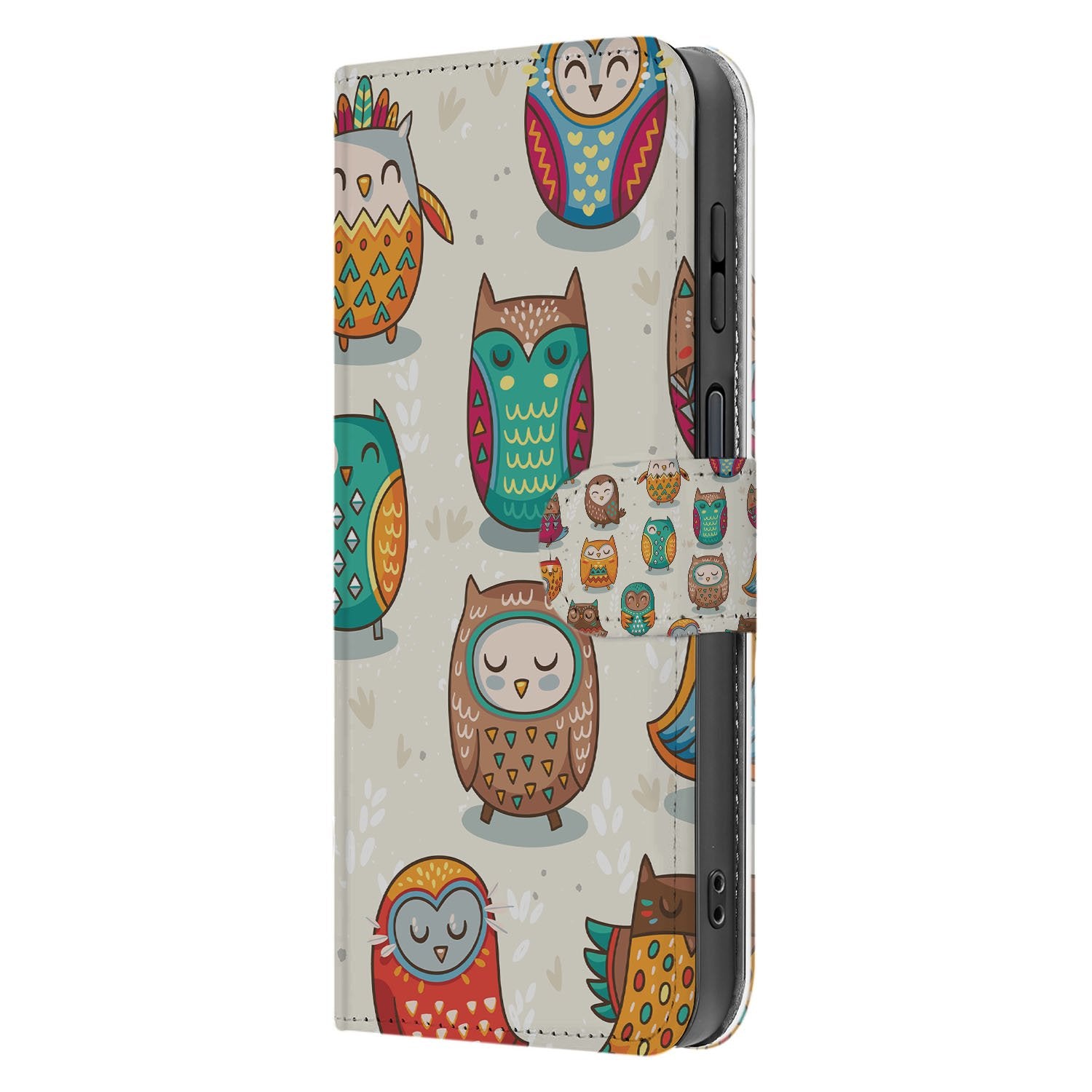 Vrolijke Uilen Samsung Galaxy Xcover 7 Pro Book Case Portemonnee Hoesje kleurrijke uilen design zijkant