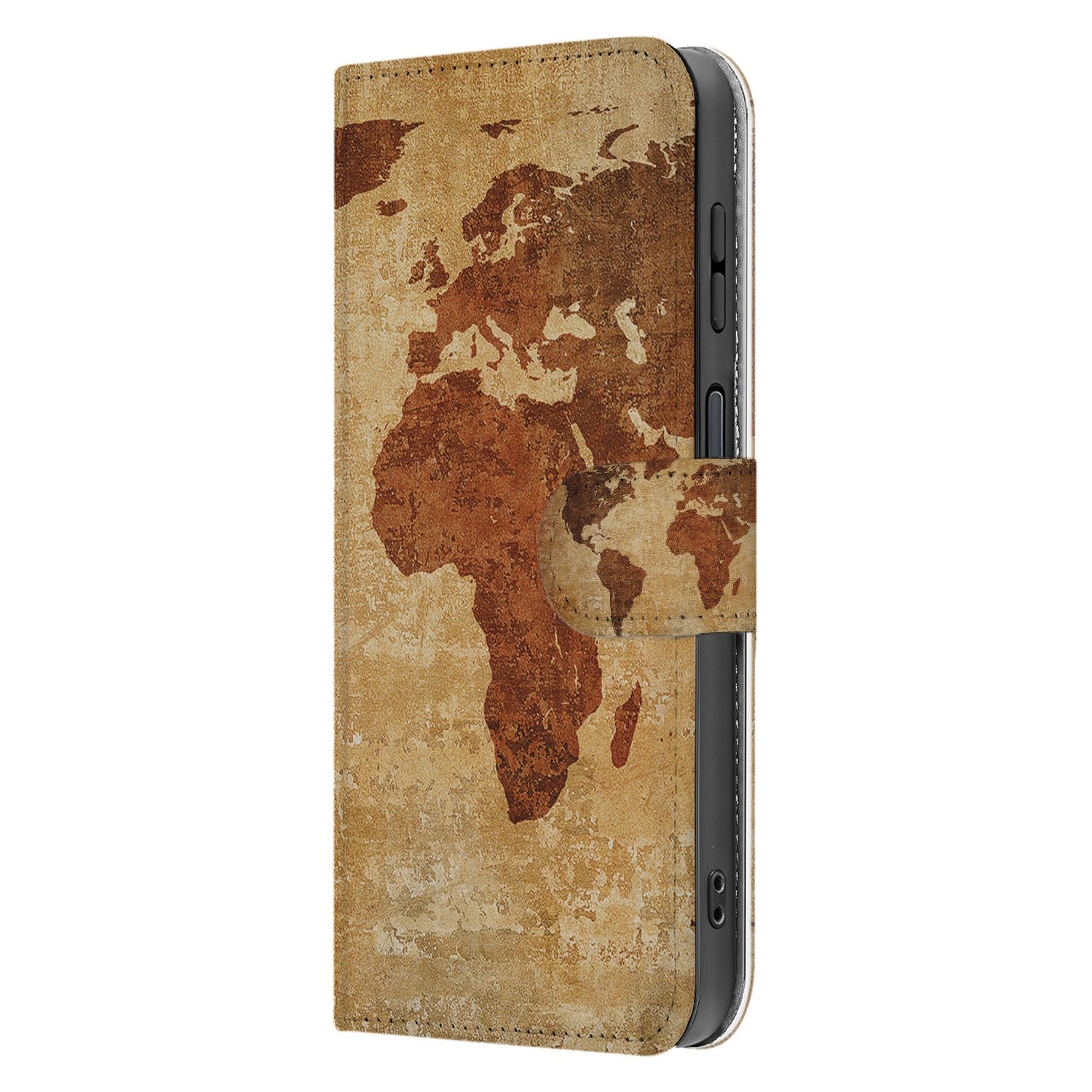 Wereldkaart Samsung Galaxy Xcover 7 Pro Bookcase Hoesje wereldkaart bruin geel zijaanzicht