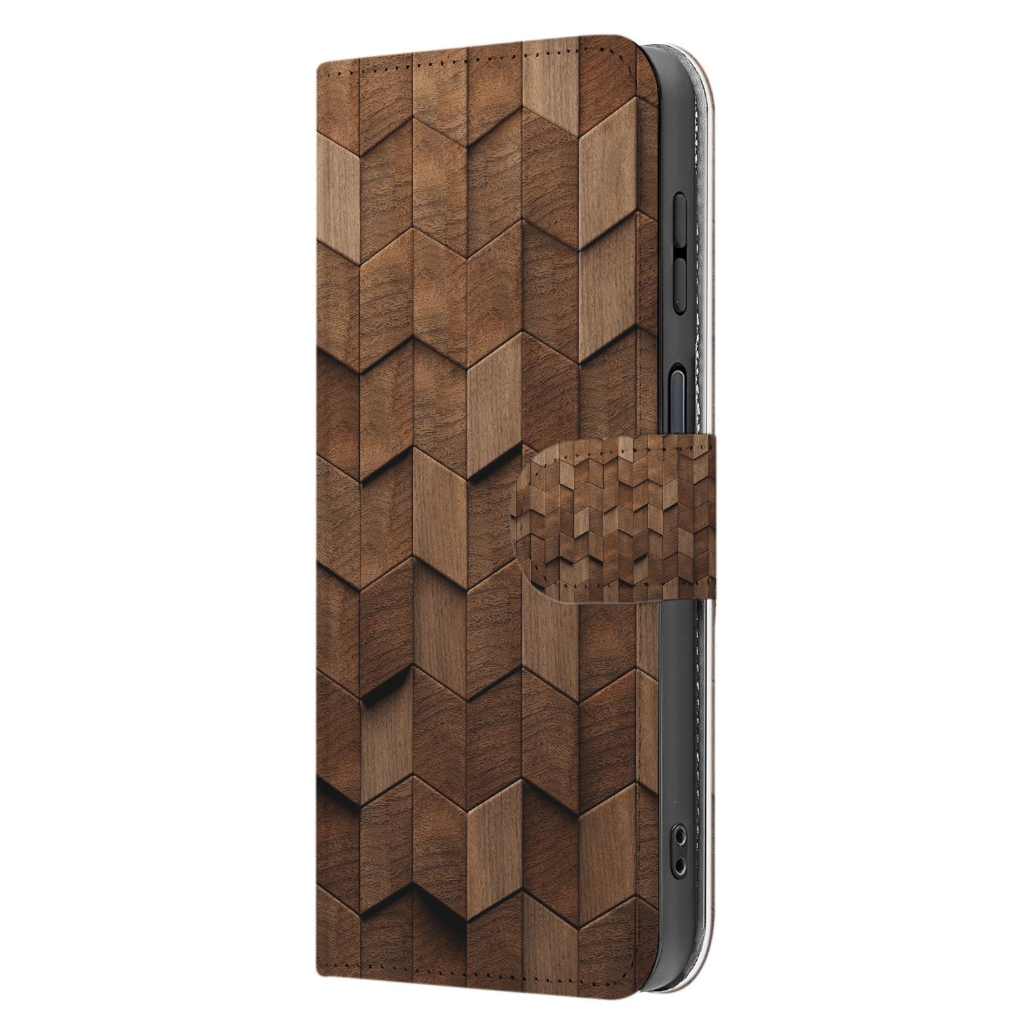 Samsung Galaxy Xcover 7 Pro Bookcase Hoesje Voor Samsung Galaxy Xcover 7 Pro Met Bruin Houtprint Kubusprint Design aanzicht