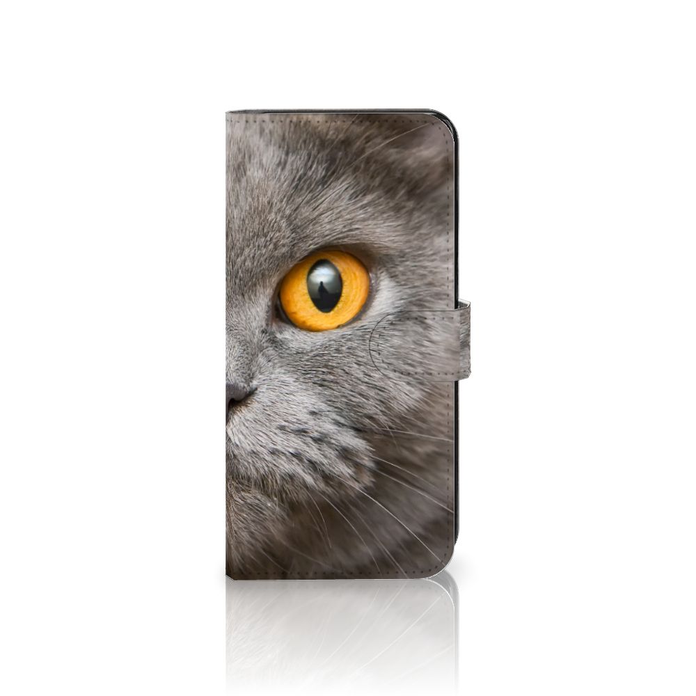 Telefoonhoesje met Pasjes Samsung Galaxy A34 Britse Korthaar met indrukwekkende kat oog detail.