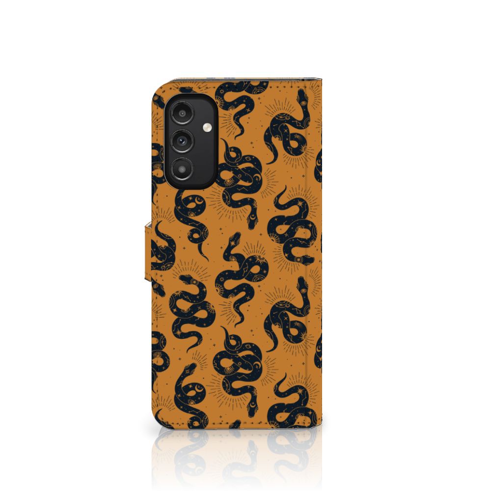 Telefoonhoesje met Pasjes voor Samsung Galaxy A14 4G Snakes met slangenpatroon in bruin en zwart.