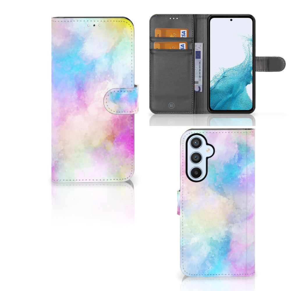 Hoesje Samsung Galaxy A54 5G Watercolor Light met kleurrijk waterverfontwerp en pasjeshouder.