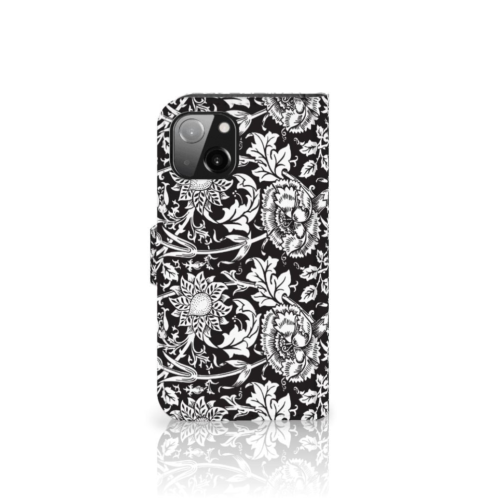 Apple iPhone 13 Hoesje Black Flowers met een elegant bloemenprint op zwarte achtergrond.