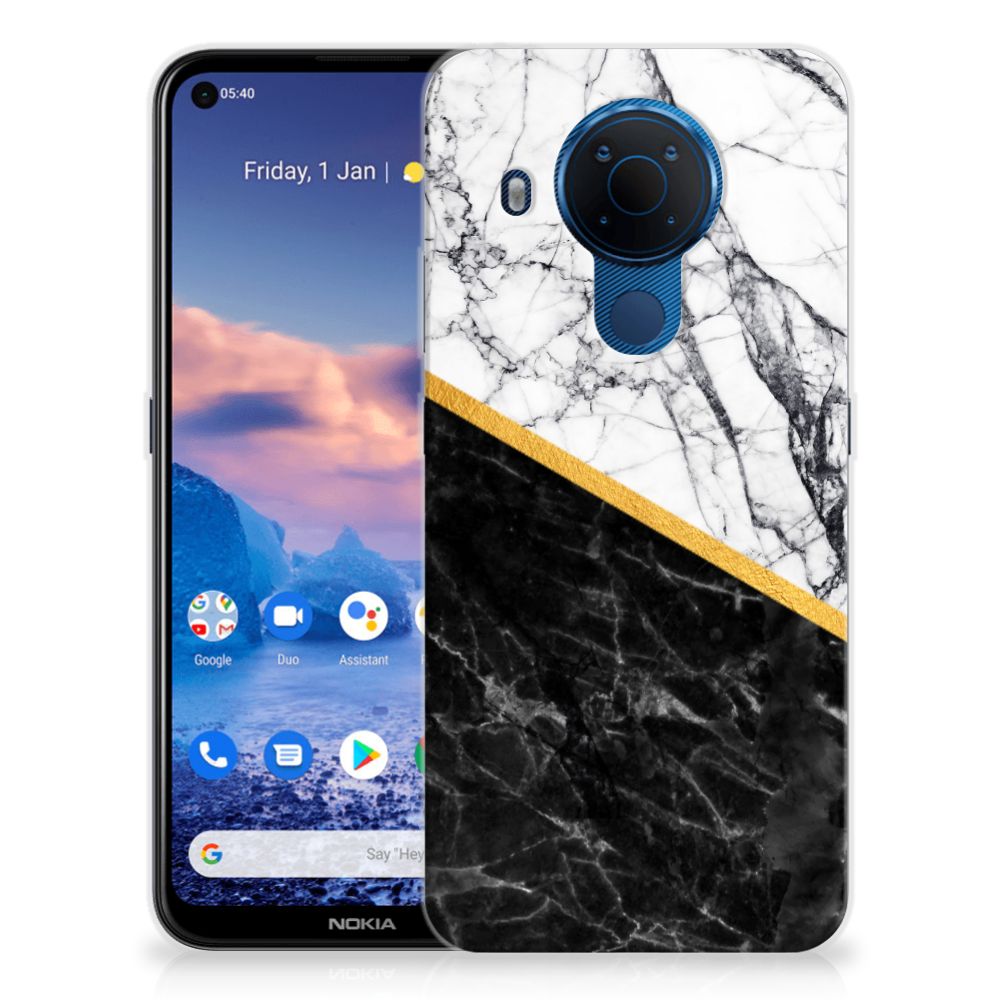 Nokia 5.4 TPU Siliconen Hoesje Marmer Wit Zwart - Origineel Cadeau Man