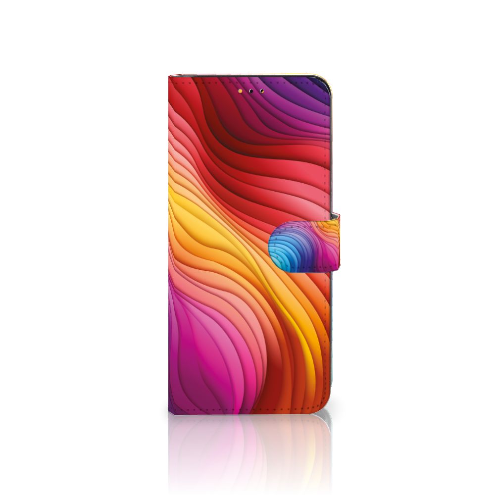 Book Case voor Samsung Galaxy A14 5G Regenboog met kleurrijk golfdesign in regenboogtinten.