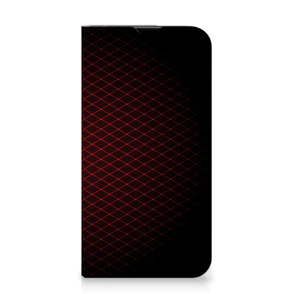 iPhone 13 Pro Hoesje met Magneet Geruit Rood, stijlvol geruit design op zwarte achtergrond.