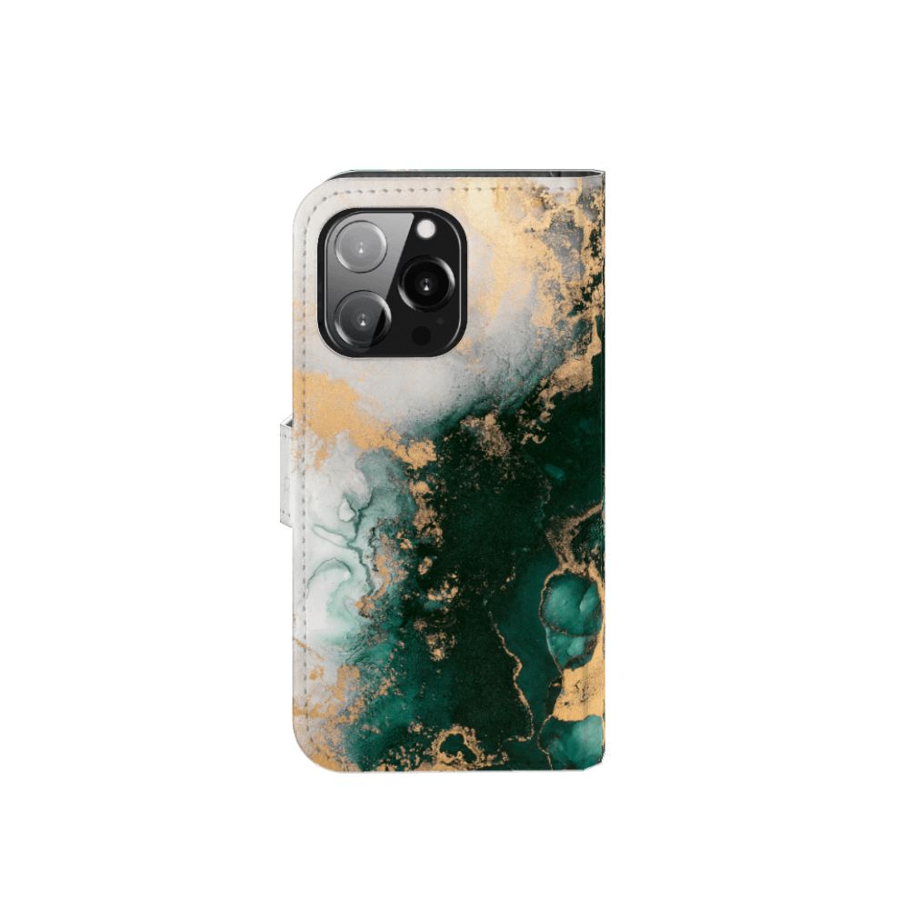 Bookcase voor iPhone 13 Pro Marmer Groen met elegante marmer groen en gouden accenten.
