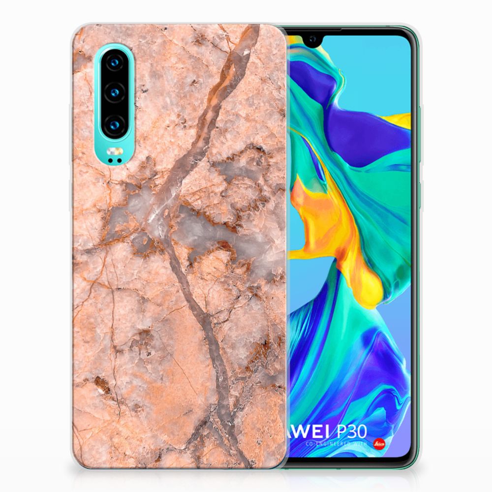 Huawei P30 TPU Siliconen Hoesje Marmer Oranje