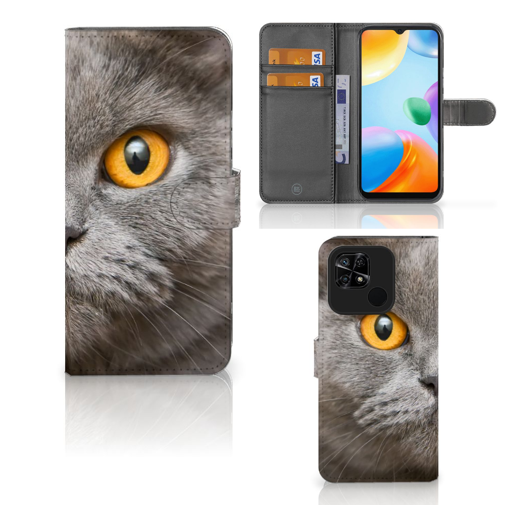 Telefoonhoesje met Pasjes Xiaomi Redmi 10C Britse Korthaar met afbeelding van grijze kat met gele ogen.