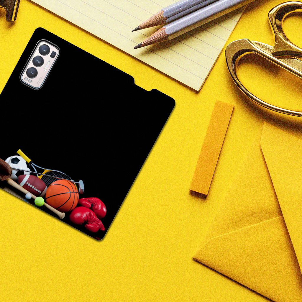OPPO Find X3 Neo Hippe Standcase Sports featuring various sports equipment on a vibrant yellow background.