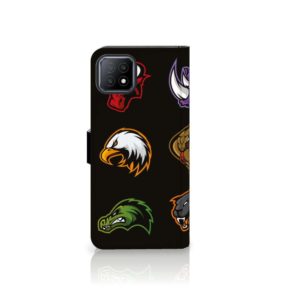 OPPO A73 5G Leuk Hoesje Cartoon met sportieve cartoonlogo's op een zwarte achtergrond.