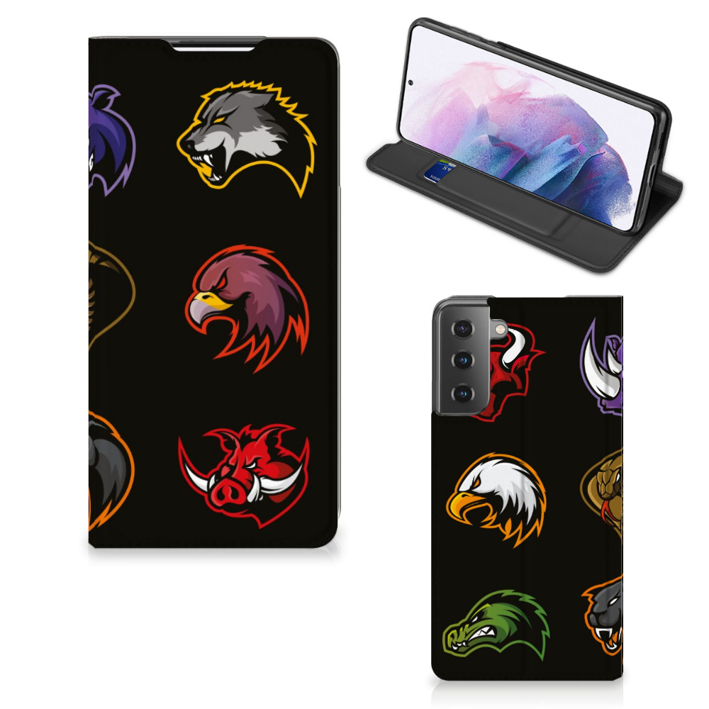Samsung Galaxy S21 Plus Magnet Case Cartoon with colorful animal logos on a black background.
