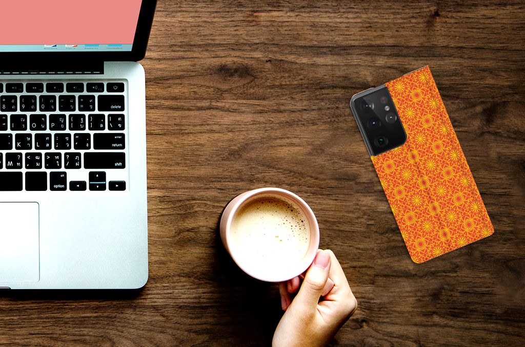 Samsung Galaxy S21 Ultra Hoesje met Magneet Batik Oranje - B2C Telecom