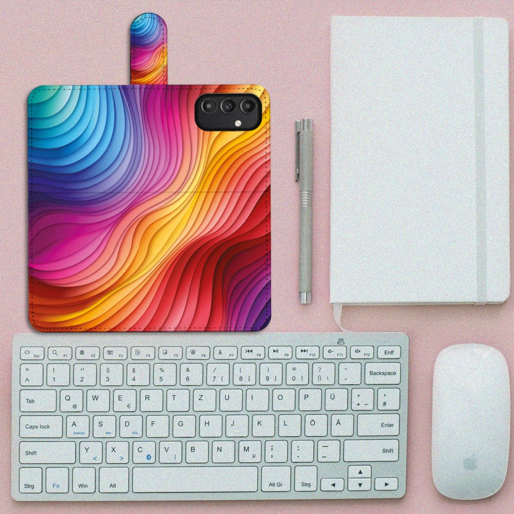 Book Case voor Samsung Galaxy A14 4G Regenboog met kleurrijk design op bureau met toetsenbord en muis.