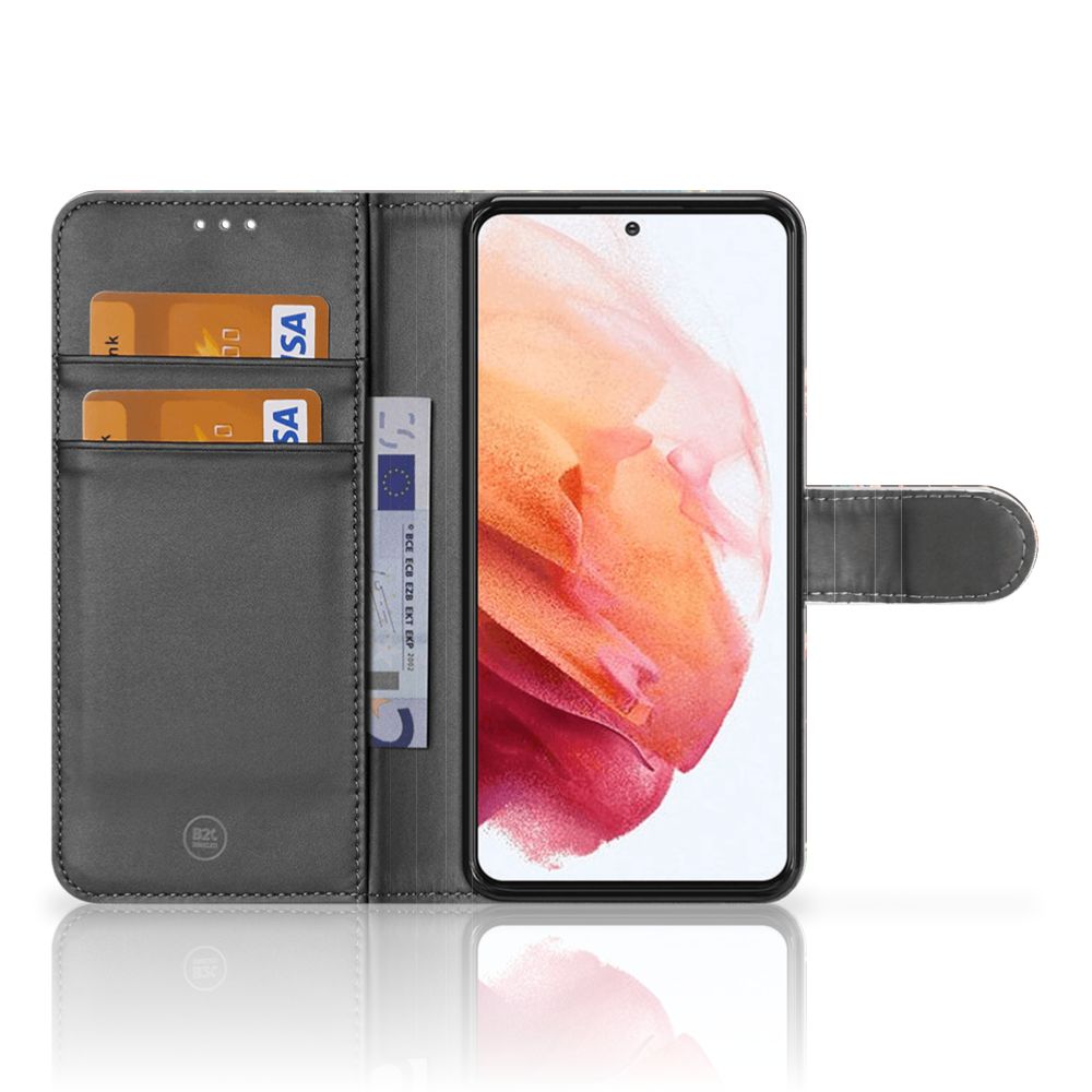 Samsung Galaxy S21 Telefoonhoesje met Pasjes Pauw met Bloemen