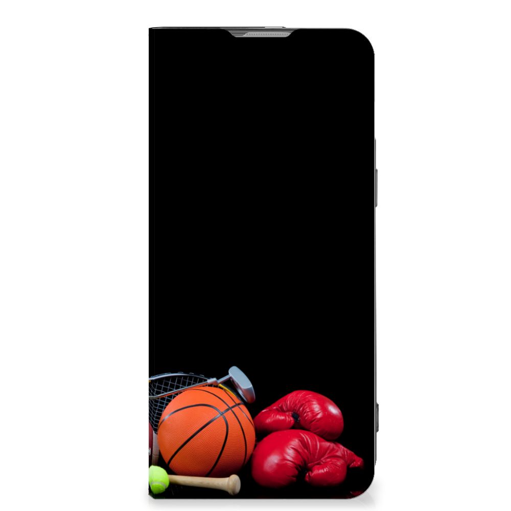 OnePlus Nord 2T Hippe Standcase Sports met sportuitrusting zoals basketbal en bokshandschoenen.