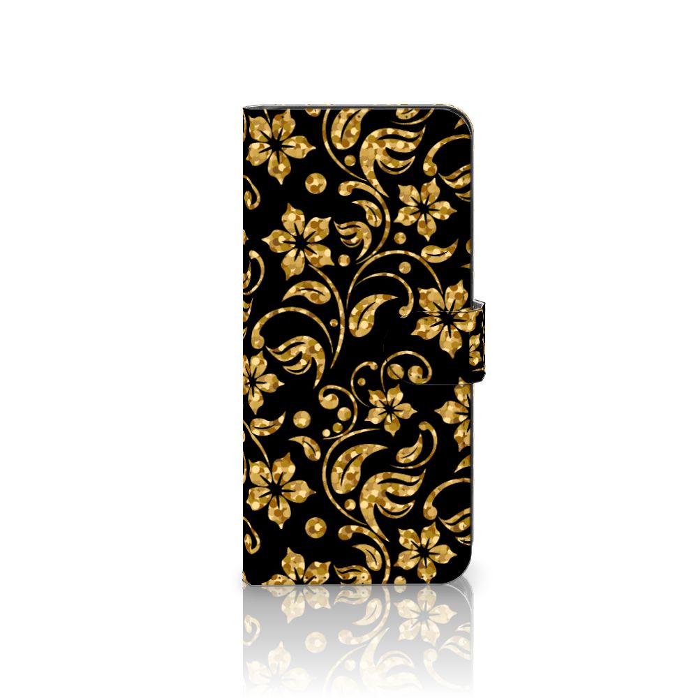 Samsung Galaxy A14 4G Hoesje Gouden Bloemen met gouden bloemenmotief op zwarte achtergrond.