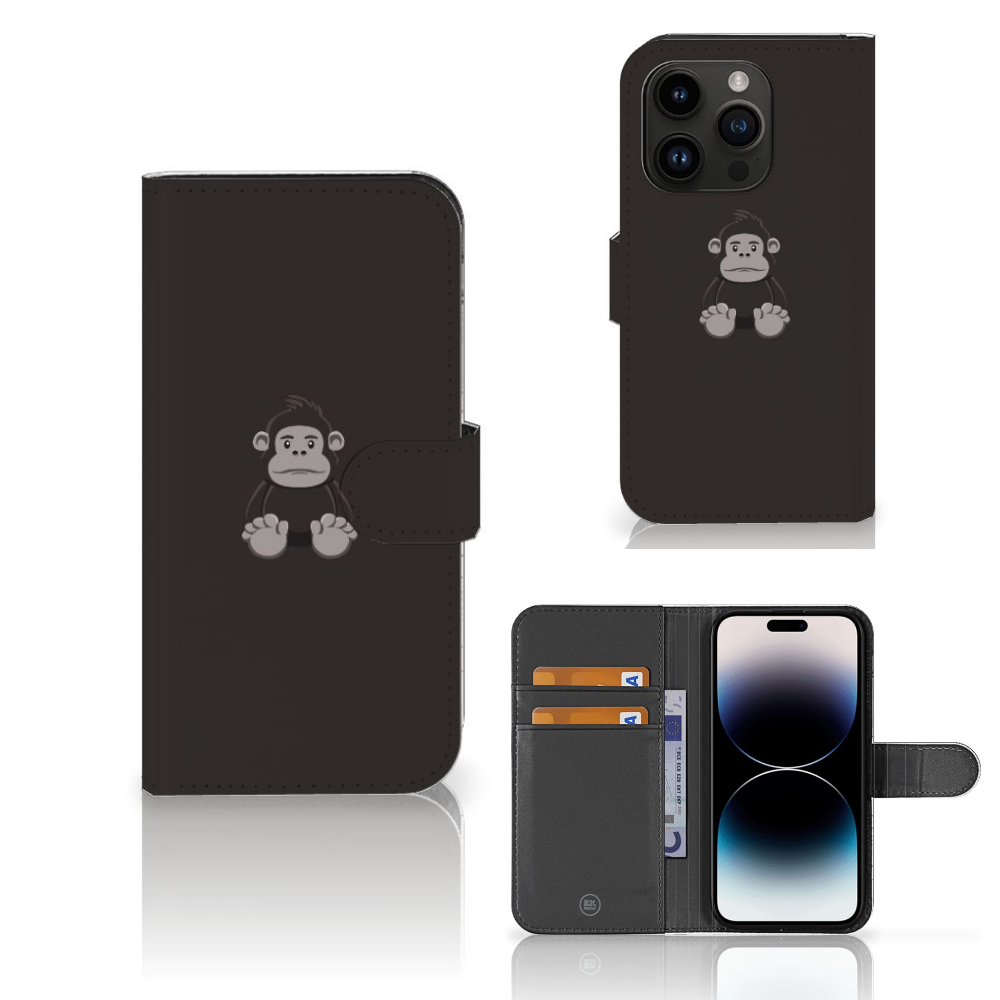 iPhone 15 Pro Leuk Hoesje Gorilla met een schattige gorilla en ruimte voor pasjes.