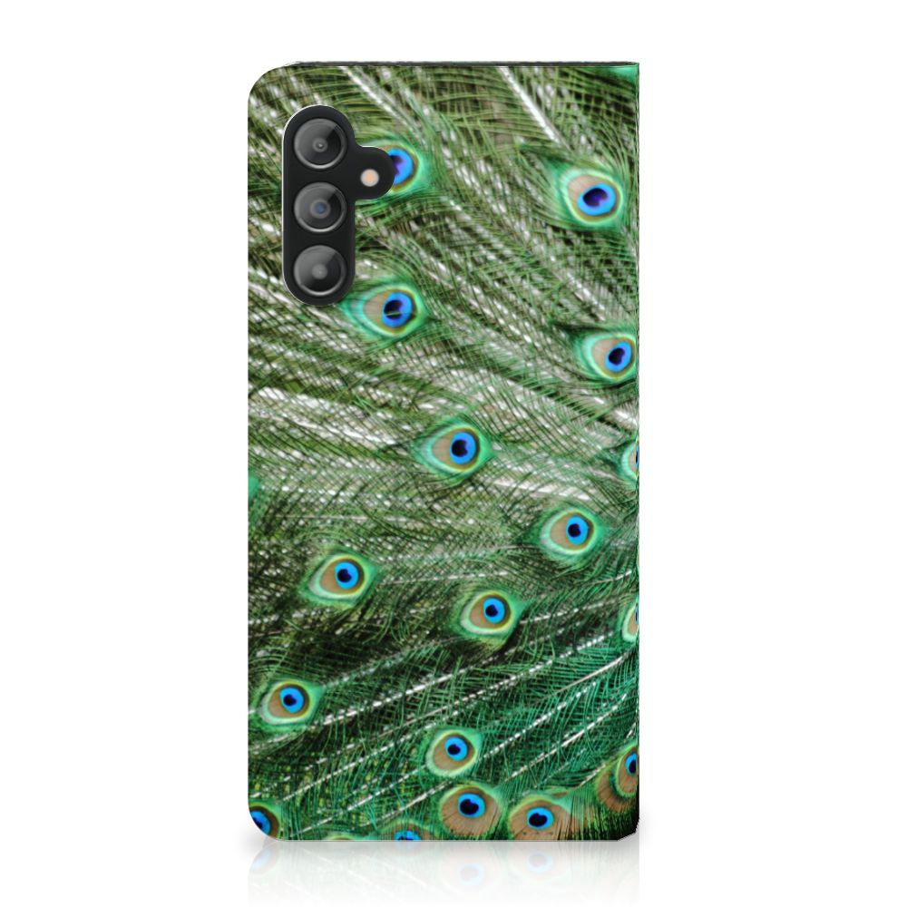 Samsung Galaxy A14 4G Hoesje maken Pauw met kleurrijk pauwenveren ontwerp en duurzame stand case.