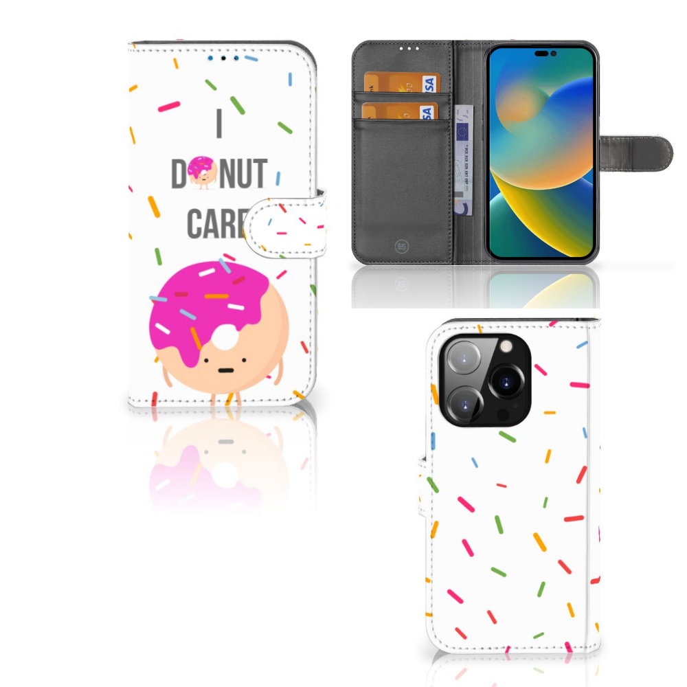 iPhone 14 Pro Book Cover Donut Roze met een vrolijke donut en de tekst 'I DONUT CARE' 🍩.