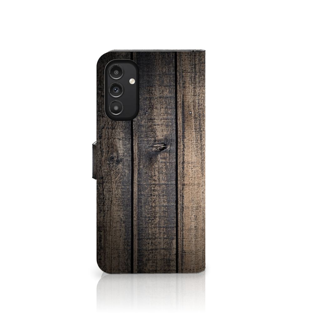Samsung Galaxy A14 4G Book Style Case Steigerhout met houten design en ruimte voor 3 pasjes.