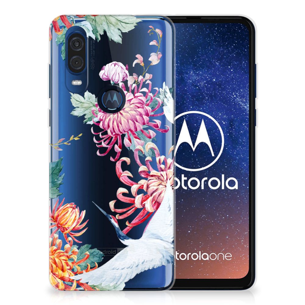 Motorola One Vision TPU Hoesje Bird Flowers