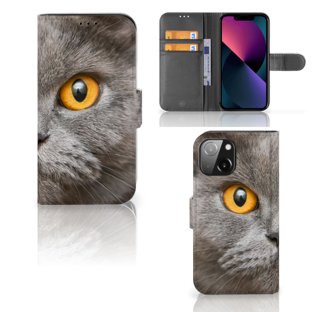 Telefoonhoesje met Pasjes iPhone 13 Mini Britse Korthaar met indrukwekkende kat ogen op de voorkant.