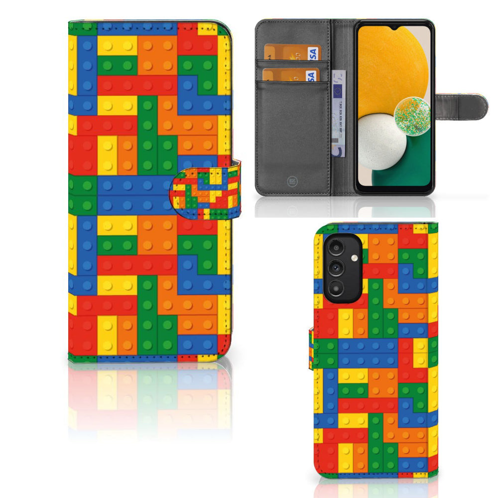 Samsung Galaxy A14 4G Telefoon Hoesje Blokken met kleurrijk blokken design en ruimte voor 3 pasjes.