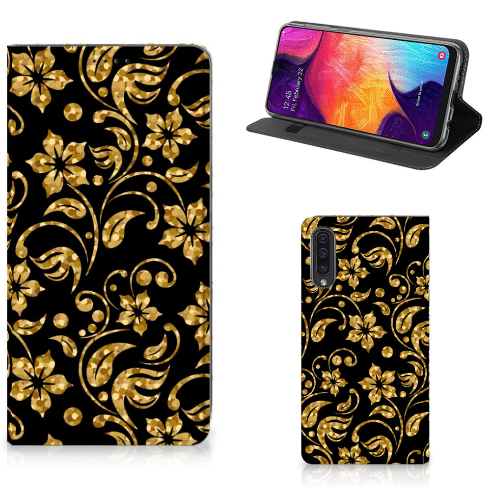 Samsung Galaxy A50 Smart Cover Gouden Bloemen