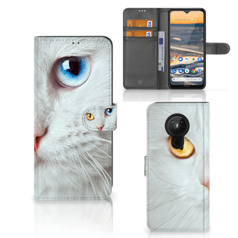 Nokia 5.3 Telefoonhoesje met Pasjes Witte Kat