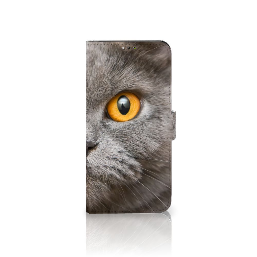 Telefoonhoesje met Pasjes Samsung Galaxy A03 Britse Korthaar met close-up van een kattengezicht en gouden oog.