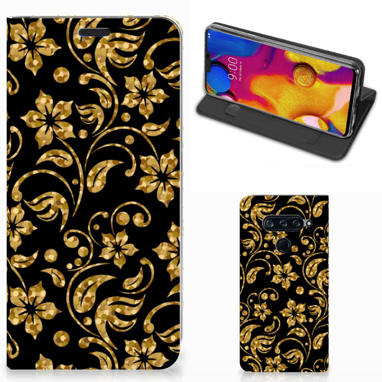 LG V40 Thinq Smart Cover Gouden Bloemen