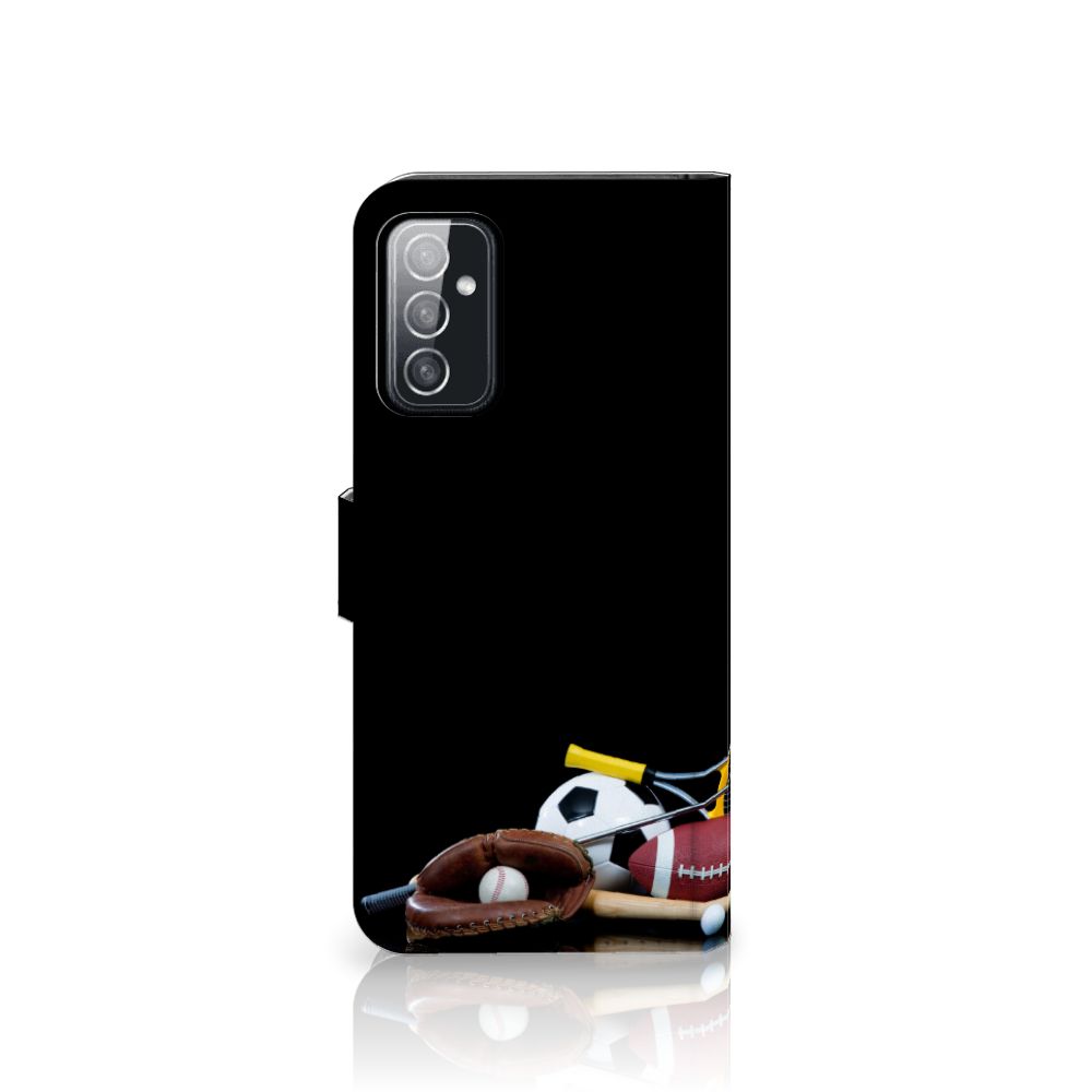 Samsung Galaxy M52 Wallet Case met Pasjes Sports met diverse sportuitrusting en een zwart ontwerp