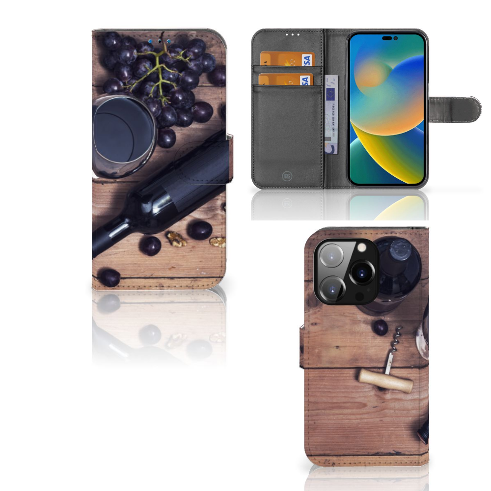 iPhone 14 Pro Book Cover Wijn met een wijnfles en druivenprint, perfect voor stijl en functionaliteit.
