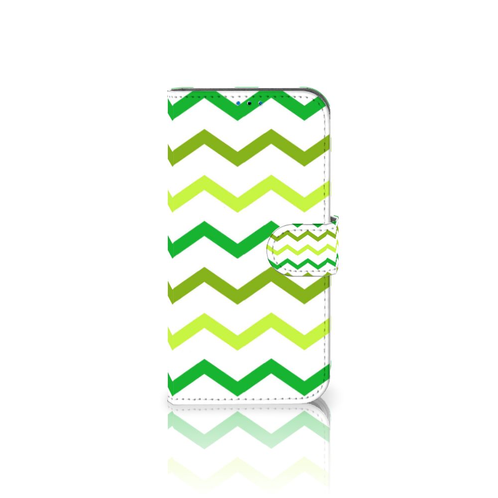 iPhone 14 Pro Telefoon Hoesje Zigzag Groen met groen zigzag design, stijlvolle bescherming voor je telefoon.